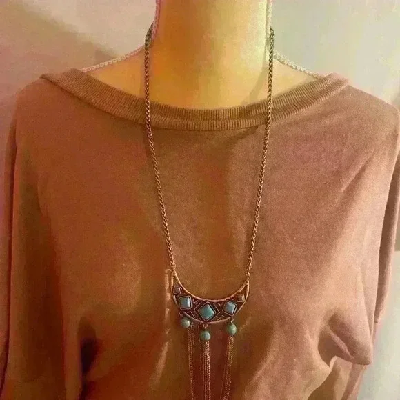 Metal Inlaid Turquoise Simple Necklace Earring set - Picture 4 of 6